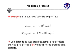 Medição de Pressão


→ Exemplo de aplicação do conceito de pressão:




→ Comparando as duas pressões, temos que a pressão 
exercida pela pessoa é 6,4 vezes a pressão exercida pelo 
exercida pela pessoa é 6,4 vezes a pressão exercida pelo
elefante.
 