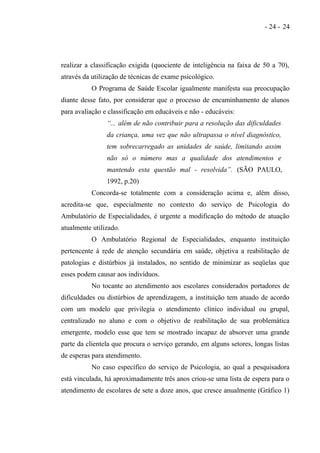 - 24 - 24




realizar a classificação exigida (quociente de inteligência na faixa de 50 a 70),
através da utilização de técnicas de exame psicológico.
          O Programa de Saúde Escolar igualmente manifesta sua preocupação
diante desse fato, por considerar que o processo de encaminhamento de alunos
para avaliação e classificação em educáveis e não - educáveis:
                “... além de não contribuir para a resolução das dificuldades
                da criança, uma vez que não ultrapassa o nível diagnóstico,
                tem sobrecarregado as unidades de saúde, limitando assim
                não só o número mas a qualidade dos atendimentos e
                mantendo esta questão mal - resolvida”. (SÃO PAULO,
                1992, p.20)
          Concorda-se totalmente com a consideração acima e, além disso,
acredita-se que, especialmente no contexto do serviço de Psicologia do
Ambulatório de Especialidades, é urgente a modificação do método de atuação
atualmente utilizado.
          O Ambulatório Regional de Especialidades, enquanto instituição
pertencente à rede de atenção secundária em saúde, objetiva a reabilitação de
patologias e distúrbios já instalados, no sentido de minimizar as seqüelas que
esses podem causar aos indivíduos.
          No tocante ao atendimento aos escolares considerados portadores de
dificuldades ou distúrbios de aprendizagem, a instituição tem atuado de acordo
com um modelo que privilegia o atendimento clínico individual ou grupal,
centralizado no aluno e com o objetivo de reabilitação de sua problemática
emergente, modelo esse que tem se mostrado incapaz de absorver uma grande
parte da clientela que procura o serviço gerando, em alguns setores, longas listas
de esperas para atendimento.
          No caso específico do serviço de Psicologia, ao qual a pesquisadora
está vinculada, há aproximadamente três anos criou-se uma lista de espera para o
atendimento de escolares de sete a doze anos, que cresce anualmente (Gráfico 1)
 