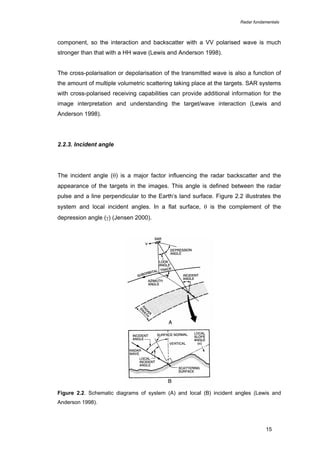 Radar fundamentals

component, so the interaction and backscatter with a VV polarised wave is much
stronger than that with a HH wave (Lewis and Anderson 1998).
The cross-polarisation or depolarisation of the transmitted wave is also a function of
the amount of multiple volumetric scattering taking place at the targets. SAR systems
with cross-polarised receiving capabilities can provide additional information for the
image interpretation and understanding the target/wave interaction (Lewis and
Anderson 1998).

2.2.3. Incident angle

The incident angle (θ) is a major factor influencing the radar backscatter and the
appearance of the targets in the images. This angle is defined between the radar
pulse and a line perpendicular to the Earth’s land surface. Figure 2.2 illustrates the
system and local incident angles. In a flat surface, θ is the complement of the
depression angle (γ) (Jensen 2000).

Figure 2.2. Schematic diagrams of system (A) and local (B) incident angles (Lewis and
Anderson 1998).

15

 
