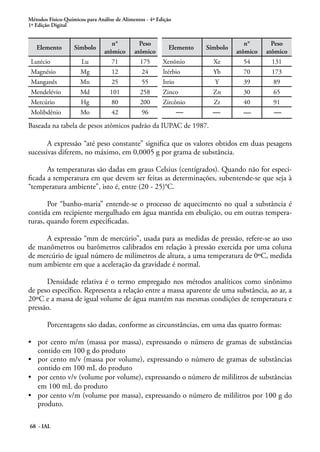 Métodos Físico-Químicos para Análise de Alimentos - 4ª Edição
1ª Edição Digital
68 - IAL
Elemento Símbolo
n°
atômico
Peso
atômico
Elemento Símbolo
n°
atômico
Peso
atômico
Lutécio Lu 71 175 Xenõnio Xe 54 131
Magnésio Mg 12 24 Itérbio Yb 70 173
Manganês Mn 25 55 Itrio Y 39 89
Mendelévio Md 101 258 Zinco Zn 30 65
Mercúrio Hg 80 200 Zircônio Zr 40 91
Molibdênio Mo 42 96
Baseada na tabela de pesos atômicos padrão da IUPAC de 1987.
A expressão “até peso constante” significa que os valores obtidos em duas pesagens
sucessivas diferem, no máximo, em 0,0005 g por grama de substância.
As temperaturas são dadas em graus Celsius (centígrados). Quando não for especi-
ficada a temperatura em que devem ser feitas as determinações, subentende-se que seja à
“temperatura ambiente”, isto é, entre (20 - 25)°C.
Por “banho-maria” entende-se o processo de aquecimento no qual a substância é
contida em recipiente mergulhado em água mantida em ebulição, ou em outras tempera-
turas, quando forem especificadas.
A expressão “mm de mercúrio”, usada para as medidas de pressão, refere-se ao uso
de manômetros ou barômetros calibrados em relação à pressão exercida por uma coluna
de mercúrio de igual número de milímetros de altura, a uma temperatura de 0ºC, medida
num ambiente em que a aceleração da gravidade é normal.
Densidade relativa é o termo empregado nos métodos analíticos como sinônimo
de peso específico. Representa a relação entre a massa aparente de uma substância, ao ar, a
20ºC e a massa de igual volume de água mantém nas mesmas condições de temperatura e
pressão.
Porcentagens são dadas, conforme as circunstâncias, em uma das quatro formas:
•	 por cento m/m (massa por massa), expressando o número de gramas de substâncias
contido em 100 g do produto
•	 por cento m/v (massa por volume), expressando o número de gramas de substâncias
contido em 100 mL do produto
•	 por cento v/v (volume por volume), expressando o número de mililitros de substâncias
em 100 mL do produto
•	 por cento v/m (volume por massa), expressando o número de mililitros por 100 g do
produto.
 