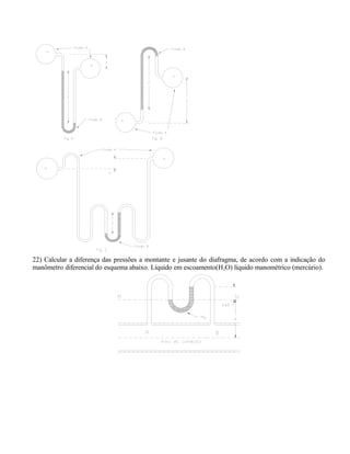 22) Calcular a diferença das pressões a montante e jusante do diafragma, de acordo com a indicação do
manômetro diferencial do esquema abaixo. Líquido em escoamento(H2O) líquido manométrico (mercúrio).
 