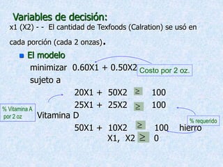 Variables de decisión:
x1 (X2) - - El cantidad de Texfoods (Calration) se usó en
cada porción (cada 2 onzas).
 El modelo
minimizar 0.60X1 + 0.50X2
sujeto a
20X1 + 50X2 100
25X1 + 25X2 100
Vitamina D
50X1 + 10X2 100 hierro
X1, X2 0

Costo por 2 oz.



% Vitamina A
por 2 oz.
% requerido
 