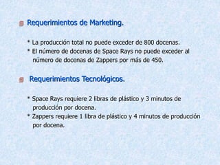  Requerimientos de Marketing.
* La producción total no puede exceder de 800 docenas.
* El número de docenas de Space Rays no puede exceder al
número de docenas de Zappers por más de 450.
 Requerimientos Tecnológicos.
* Space Rays requiere 2 libras de plástico y 3 minutos de
producción por docena.
* Zappers requiere 1 libra de plástico y 4 minutos de producción
por docena.
 