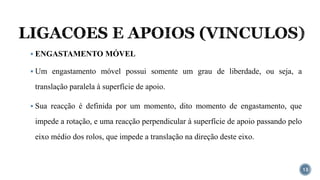 LIGACOES E APOIOS (VINCULOS)
13
▪ ENGASTAMENTO MÓVEL
▪ Um engastamento móvel possui somente um grau de liberdade, ou seja, a
translação paralela à superfície de apoio.
▪ Sua reacção é definida por um momento, dito momento de engastamento, que
impede a rotação, e uma reacção perpendicular à superfície de apoio passando pelo
eixo médio dos rolos, que impede a translação na direção deste eixo.
 