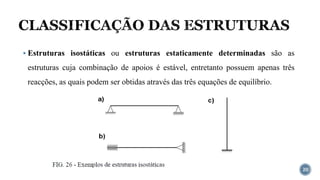 CLASSIFICAÇÃO DAS ESTRUTURAS
20
▪ Estruturas isostáticas ou estruturas estaticamente determinadas são as
estruturas cuja combinação de apoios é estável, entretanto possuem apenas três
reacções, as quais podem ser obtidas através das três equações de equilíbrio.
 