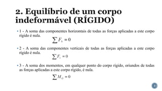2. Equilíbrio de um corpo
indeformável (RÍGIDO)
▪ 1 - A soma das componentes horizontais de todas as forças aplicadas a este corpo
rígido é nula.
▪ 2 - A soma das componentes verticais de todas as forças aplicadas a este corpo
rígido é nula.
▪ 3 - A soma dos momentos, em qualquer ponto do corpo rígido, oriundos de todas
as forças aplicadas a este corpo rígido, é nula.
3
 