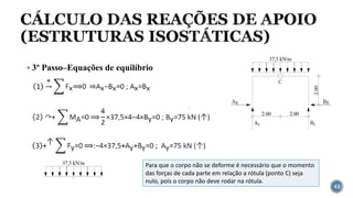 CÁLCULO DAS REAÇÕES DE APOIO
(ESTRUTURAS ISOSTÁTICAS)
43
▪ 3º Passo–Equações de equilíbrio
Para que o corpo não se deforme é necessário que o momento
das forças de cada parte em relação a rótula (ponto C) seja
nulo, pois o corpo não deve rodar na rótula.
 
