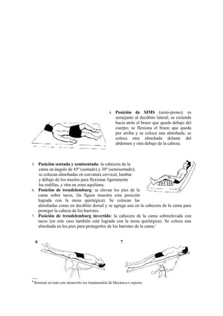 4. Posición    de SIMS (semi-prono): es
                                                       semejante al decúbito lateral; se extiende
                                                       hacia atrás el brazo que queda debajo del
                                                       cuerpo; se flexiona el brazo que queda
                                                       por arriba y se coloca una almohada; se
                                                       coloca otra almohada delante del
                                                       abdomen y otra debajo de la cabeza.



5. Posición sentada y semisentada: la cabecera de la
   cama en ángulo de 45º (sentado) y 30º (semisentado);
   se colocan almohadas en curvatura cervical, lumbar
   y debajo de los muslos para flexionar ligeramente
   las rodillas, y otra en zona aquiliana.
6. Posición de trendelemburg: se elevan los pies de la
   cama sobre tacos, (la figura muestra esta posición
   lograda con la mesa quirúrgica). Se colocan las
   almohadas como en decúbito dorsal y se agrega una en la cabecera de la cama para
   proteger la cabeza de los barrotes.
7. Posición de trendelemburg invertido: la cabecera de la cama sobreelevada con
   tacos (en este caso también está lograda con la mesa quirúrgica). Se coloca una
   almohada en los pies para protegerlos de los barrotes de la cama.4


    6                                                     7




4
    Retomar en todo este desarrollo los fundamentos de Mecánica Corporal.
 