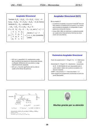 UNI – FIEE IT224 – Microondas 2018-1
18
103
Acoplador Direccional
-
    
    
  
     
      

* * * *
12 14 23 34 12 14 14 12
* * * *
12 23 14 34 12 14 14 12
12 34 1
* *
1 14 1 14 1 14 14
* 2 2
1 14 14 14 2 1 2
También 0 0
0 0, (lo mismo)
constante
0, ( ) 0
0, 0 1
S S S S S S S S
S S S S S S S S
haciendo S S c
c S c S c S S
if c S S S jc and c c
S
 
  
  
 
  
 
1 2 2 2
1 2
1 2
1 2
2 1
2 1
0 0
1
0 0
, son constantes
0 0
reales
0 0
c jc
donde c c
c jc
y c c
jc c
jc c
104
Acoplador Direccional (D/C)
De su matriz S
– La potencia acoplada a la puerta 4 está 90
o
fuera de
fase relativa a la potencia en la puerta 2. (Lo mismo
para la potencia acoplada a 3 comparada a 1 para
potencia en dirección inversa.
– Líneas 1&2 y 3&4 son idénticas y cualquiera puede
ser usada como línea primaria mientras las otras
sirven con secundarias.
105
– D/C con c2 pequeño(<<1): ampliamente usado
para monitoreo de potencia en direcciones directa
y reflejada. Reflexiones de una antena o carga
imperfectamente adaptada.
– D/C con c2 fracción significativa de la unida es
usado como divisor de potencia.
106
Parámetros Acoplador Direccional
 
 
1 4
4 3
Factor de acoplamiento 10log / (3 60dB típico)
0.5 dB
Directividad 10log / (idealmente , típicamente
de 20 - 30 d
C P P
D P P
 

 
B) Medida de cuan desacoplada está el
puerto aislado, relativo de la potencia acoplada en la
dirección deseada.
:Línea primaria <1.1; línea secundaria < 1.2
Varios agujeros de acoplamiento
VSWR
incrementan el ancho de
banda (Bandwidth)
107
Zcarga
Generador
B B
P1
P1R
P2
Pgen ~ Pgen
Pr
Bolómetro1Bolómetro2
(adaptado)
Generalmente, se lee PB1, PB2, son datos C, VSWR(Bol1), VSWR(Bol2-
adaptado ó su VSWR ≈1)
Se calcula: ΓB1, P1, P1r, Pgen, P2, Pr, Pcarga, Γcarga
PB2 = P2 + P1r
PB1 = P2 - P1r
P1 = Pgen /10C/10
P2 = Pr /10C/10
P1r = P1|ΓB1|2 Pr = Pgen|Γcarga|2
ΓB1 = (VSWR – 1) / (VSWR + 1)
Muchas gracias por su atención
 