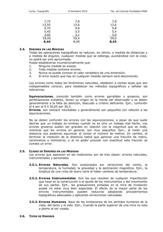 Curso: Topografía                                    II Semestre 2010                                           Fac. de Ciencias Forestales-UNAP
       ------------------------------------------------------------------------------------------------------------------------------------------------------------



                          7,75                                       7,8                                               7,8
                         13,55                                      13,6                                              13,6
                          9,75                                       9,8                                               9,8
                          5,45                                       5,5                                               5,4
                          3,05                                       3,1                                               3,0
                         59,05                                      59,4                                              59,0
                          8,44                                      8,49                                              8,43

2.4.   ERRORES EN LAS MEDIDAS
       Todas las operaciones topográficas se reducen, en ultimo, a medida de distancias y
       a medida de ángulos; cualquier medida que se obtenga, auxiliándose con la vista,
       no podrá ser sino aproximada.
       Puede establecerse incondicionalmente que:
       1.    Ninguna medida es exacta.
       2.    Toda medida contiene errores.
       3.    Nunca se puede conocer el valor verdadero de una dimensión.
       4.    El error exacto que hay en cualquier medida siempre será desconocido.

       Los errores como todos los fenómenos naturales, obedecen a ciertas leyes que son
       indispensables conocer, para establecer los métodos topográficos y señalar las
       tolerancias.

       Equivocaciones, conocido también como errores garrafales o groseros, son
       perfectamente evitables, tienen su origen en la mente del observador y se deben
       generalmente a la falta de atención, descuido o criterio deficiente. Ejm., confundir
       el 6 por el 9 ó 30,05 por 30,5.
       Errores, son siempre inevitables y generalmente son pequeños con relación a las
       equivocaciones.

       No se deben confundir los errores con las equivocaciones, a pesar de que suele
       decirse que un trabajo es erróneo cuando no es sino un trabajo mal hecho. Los
       errores groseros suelen ser grandes en relación con la magnitud que se mide,
       mientras que los errores en general, son muy pequeños. Ejm., al medir una
       distancia nos podemos equivocar al contar el número de metros. En cambio, al
       terminar la medición de la distancia habrá que apreciar una fracción de metro,
       centímetros o milímetros, y al no poder precisar con exactitud esta fracción se
       comete un error.

2.5.   CLASES DE ERRORES EN LAS MEDIDAS
       Los errores que aparecen en las mediciones son de tres clases: errores naturales,
       instrumentales y personales.

       2.5.1. Errores Naturales. Son ocasionados por variaciones del viento, la
              temperatura, la humedad, la gravedad y la declinación magnética. Ejm., la
              longitud de una cinta de acero varía al haber cambios de temperatura.

       2.5.2. Errores Instrumentales. Son las que resultan de cualquier imperfección
              que haya en la construcción o el ajuste de los instrumentos y del movimiento
              de sus partes. Ejm., las graduaciones pintadas en la mira de nivelación
              puede no estar muy bien espaciada. El efecto de la mayor parte de los
              errores instrumentales pueden reducirse adoptando procedimientos
              topográficos adecuados y aplicando correcciones calculadas.

       2.5.3. Errores Humanos. Nace de las limitaciones de los sentidos humanos de la
              vista, del tacto y el oído. Ejm., Cuando la parte superior de una mira no esta
              a plomo al ser visada.

2.6.   TIPOS DE ERRORES
 