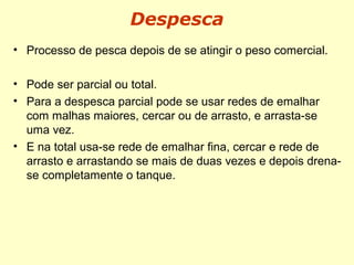 Despesca
• Processo de pesca depois de se atingir o peso comercial.
• Pode ser parcial ou total.
• Para a despesca parcial pode se usar redes de emalhar
com malhas maiores, cercar ou de arrasto, e arrasta-se
uma vez.
• E na total usa-se rede de emalhar fina, cercar e rede de
arrasto e arrastando se mais de duas vezes e depois drena-
se completamente o tanque.
 