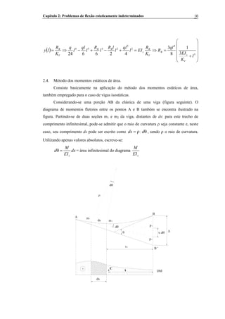 Capítulo 2: Problemas de flexão estaticamente indeterminados 10
( )
⎟
⎟
⎟
⎟
⎠
⎞
⎜
⎜
⎜
⎜
⎝
⎛
+
=⇒=+−+−⇒=
3
4
2
2
2334
3
1
8
3
426624 l
K
EI
ql
R
K
R
EIl
ql
l
lR
l
R
l
ql
l
q
K
R
ly
V
z
B
V
B
z
BB
V
B
2.4. Método dos momentos estáticos de área.
Consiste basicamente na aplicação do método dos momentos estáticos de área,
também empregado para o caso de vigas isostáticas.
Considerando-se uma porção AB da elástica de uma viga (figura seguinte). O
diagrama de momentos fletores entre os pontos A e B também se encontra ilustrado na
figura. Partindo-se de duas seções m1 e m2 da viga, distantes de ds: para este trecho de
comprimento infinitesimal, pode-se admitir que o raio de curvatura ρ seja constante e, neste
caso, seu comprimento ds pode ser escrito como θ⋅ρ= dds , sendo ρ o raio de curvatura.
Utilizando apenas valores absolutos, escreve-se:
dx
EI
M
d
z
=θ = área infinitesimal do diagrama
zEI
M
C
A
B
Δx1dθ
dx
x
x1
B '
p1
p2
DM
ρ
dθ
m1
ds
θ
m2
dθ
+
 
