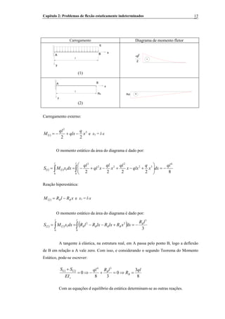 Capítulo 2: Problemas de flexão estaticamente indeterminados 12
Carregamento Diagrama de momento fletor
y
l
q
x
A B
(1)
-
-ql
2
2
y
A
l
B
RB
x
(2)
RBl +
Carregamento externo:
( )
2
2
1
22
x
q
qlx
ql
M −+−= e x1 = l-x
O momento estático da área do diagrama é dado por:
( ) ( )
82222
4
0
32
2
22
3
0
111
ql
dxx
q
qlxx
ql
x
ql
xql
ql
dxxMS
ll
−=⎟⎟
⎠
⎞
⎜⎜
⎝
⎛
+−+−+−== ∫∫
Reação hiperestática:
( ) xRlRM BB −=2 e x1 = l-x
O momento estático da área do diagrama é dado por:
( ) ( ) ( ) 3
3
0
22
0
122
lR
dxxRlxRlxRlRdxxMS B
l
BBBB
l
−=+−−== ∫∫
A tangente à elástica, na estrutura real, em A passa pelo ponto B, logo a deflexão
de B em relação a A vale zero. Com isso, e considerando o segundo Teorema do Momento
Estático, pode-se escrever:
( ) ( )
8
3
0
38
0
34
21 ql
R
lRql
EI
SS
B
B
z
=⇒=+−⇒=
+
Com as equações d equilíbrio da estática determinam-se as outras reações.
 