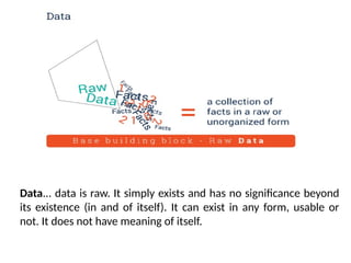 Data... data is raw. It simply exists and has no significance beyond
its existence (in and of itself). It can exist in any form, usable or
not. It does not have meaning of itself.
 