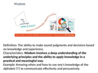 Definition: The ability to make sound judgments and decisions based
on knowledge and experience.
Characteristics: Wisdom involves a deep understanding of the
underlying principles and the ability to apply knowledge in a
practical and meaningful way.
Example: Knowing when and how to use one's knowledge of the
alphabet ('I') to communicate effectively and persuasively.
 