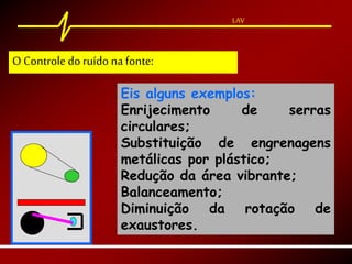 LAV
Eis alguns exemplos:
Enrijecimento de serras
circulares;
Substituição de engrenagens
metálicas por plástico;
Redução da área vibrante;
Balanceamento;
Diminuição da rotação de
exaustores.
O Controle doruído na fonte:
 