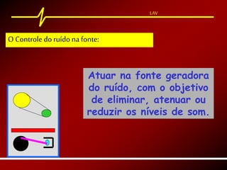 LAV
Atuar na fonte geradora
do ruído, com o objetivo
de eliminar, atenuar ou
reduzir os níveis de som.
LAV
O Controle doruído na fonte:
 
