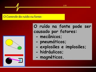 LAV
O ruído na fonte pode ser
causado por fatores:
- mecânicos;
- pneumáticos;
- explosões e implosões;
- hidráulicos;
- magnéticos.
LAV
O Controle doruído na fonte:
 