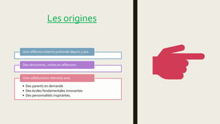 Les origines
Une réflexion interne profonde depuis 5 ans
Des rencontres, visites et réflexions
• Des parents en demande
• Des écoles fondamentales innovantes
• Des personnalités inspirantes.
Une collaboration étendue avec
 