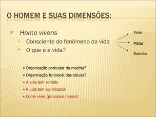 Homo vivens Consciente do fenômeno da vida O que é a vida? Viver Matar Suicidar Organização particular da matéria? Organinação funcional das células?  A vida tem sentido A vida tem significados Como viver (princípios morais) 