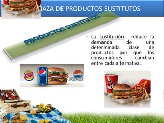 AMENAZA DE PRODUCTOS SUSTITUTOS
• La sustitución reduce la
demanda de una
determinada clase de
productos por que los
consumidores cambian
entre cada alternativa.
 