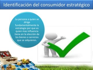 Identificación del consumidor estratégico
La persona a quien se
dirige
fundamentalmente la
estrategia por que es
quien mas influencia
tiene en la elección de
los bienes o servicios
que se adquieren.
Taller de Motivación Empresarial-UCA
 