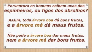 Porventura os homens colhem uvas dos
espinheiros, ou figos dos abrolhos?
Assim, toda árvore boa dá bons frutos,
e a árvore má dá maus frutos.
Não pode a árvore boa dar maus frutos,
nem a árvore má dar bons frutos.
 