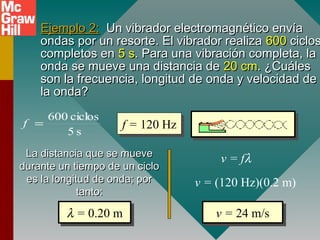 Ejemplo 2:Ejemplo 2: Un vibrador electromagnético envíaUn vibrador electromagnético envía
ondas por un resorte. El vibrador realizaondas por un resorte. El vibrador realiza 600600 ciclosciclos
completos encompletos en 5 s5 s. Para una vibración completa, la. Para una vibración completa, la
onda se mueve una distancia deonda se mueve una distancia de 20 cm20 cm. ¿Cuáles. ¿Cuáles
son la frecuencia, longitud de onda y velocidad deson la frecuencia, longitud de onda y velocidad de
la onda?la onda?
f = 120 Hzf = 120 Hz
La distancia que se mueveLa distancia que se mueve
durante un tiempo de un ciclodurante un tiempo de un ciclo
es la longitud de onda; pores la longitud de onda; por
tanto:tanto:
λ = 0.20 mλ = 0.20 m
v = fλ
v = (120 Hz)(0.2 m)
v = 24 m/sv = 24 m/s
s5
ciclos600
=f
 