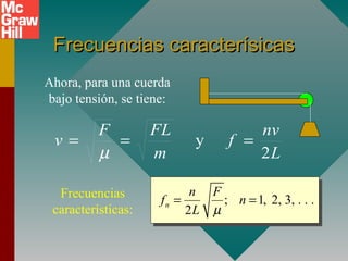 Frecuencias caracterísicasFrecuencias caracterísicas
Ahora, para una cuerda
bajo tensión, se tiene:
; 1, 2, 3, . . .
2
n
n F
f n
L µ
= =Frecuencias
características:
L
nv
f
m
FLF
v
2
y ===
µ
 