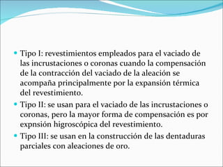 Tipo I: revestimientos empleados para el vaciado de las incrustaciones o coronas cuando la compensación de la contracción del vaciado de la aleación se acompaña principalmente por la expansión térmica del revestimiento. Tipo II: se usan para el vaciado de las incrustaciones o coronas, pero la mayor forma de compensación es por expnsión higroscópica del revestimiento. Tipo III: se usan en la construcción de las dentaduras parciales con aleaciones de oro. 
