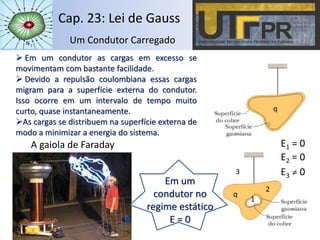 Cap. 23: Lei de Gauss
Um Condutor Carregado
 Em um condutor as cargas em excesso se
movimentam com bastante facilidade.
 Devido a repulsão coulombiana essas cargas
migram para a superfície externa do condutor.
Isso ocorre em um intervalo de tempo muito
curto, quase instantaneamente.
As cargas se distribuem na superfície externa de
modo a minimizar a energia do sistema.
q
1
2
q
3
E1 = 0
E2 = 0
E3 ≠ 0
A gaiola de Faraday
Em um
condutor no
regime estático
E = 0
 