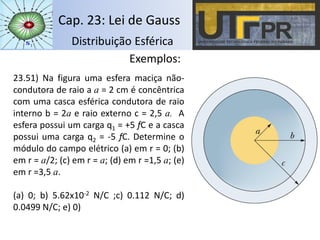 Cap. 23: Lei de Gauss
Distribuição Esférica
23.51) Na figura uma esfera maciça não-
condutora de raio a a = 2 cm é concêntrica
com uma casca esférica condutora de raio
interno b = 2a e raio externo c = 2,5 a. A
esfera possui um carga q1 = +5 fC e a casca
possui uma carga q2 = -5 fC. Determine o
módulo do campo elétrico (a) em r = 0; (b)
em r = a/2; (c) em r = a; (d) em r =1,5 a; (e)
em r =3,5 a.
(a) 0; b) 5.62x10-2 N/C ;c) 0.112 N/C; d)
0.0499 N/C; e) 0)
Exemplos:
 