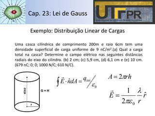Cap. 23: Lei de Gauss
Exemplo: Distribuição Linear de Cargas
Uma casca cilíndrica de comprimento 200m e raio 6cm tem uma
densidade superficial de carga uniforme de 9 nC/m2.(a) Qual a carga
total na casca? Determine o campo elétrico nas seguintes distâncias
radiais do eixo do cilindro. (b) 2 cm; (c) 5,9 cm, (d) 6,1 cm e (e) 10 cm.
(679 nC; 0; 0; 1000 N/C; 610 N/C).
rhA 2
r
r
E ˆ
2
1
0



0
intˆ

q
dAnE 

 