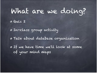 What are we doing?
Quiz 2!

In-class group activity!

Talk about database organization!

If we have time we'll look at some
of your mind maps
 