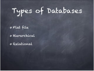 Types of Databases

Flat file!

Hierarchical!

Relational
 