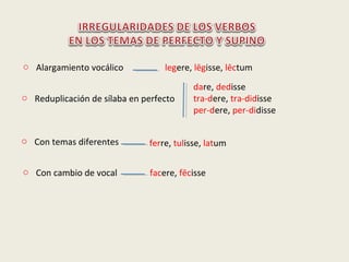 o Alargamiento vocálico
o Reduplicación de sílaba en perfecto
legere, lēgisse, lēctum
dare, dedisse
tra-dere, tra-didisse
per-dere, per-didisse
o Con temas diferentes ferre, tulisse, latum
o Con cambio de vocal facere, fēcisse
 