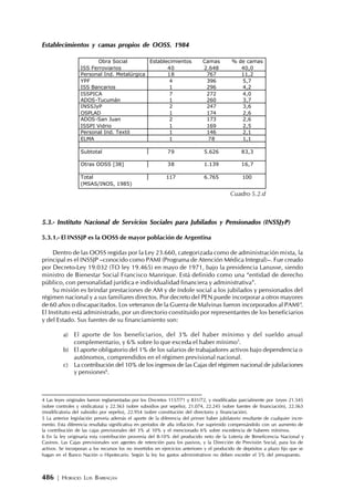 486 | HORACIO LUIS BARRAGÁN
Establecimientos y camas propios de OOSS. 1984
5.3.- Instituto Nacional de Servicios Sociales para Jubilados y Pensionados (INSSJyP)
5.3.1.- El INSSJP es la OOSS de mayor población de Argentina
Dentro de las OOSS regidas por la Ley 23.660, categorizada como de administración mixta, la
principal es el INSSJP –conocido como PAMI (Programa de Atención Médica Integral)–. Fue creado
por Decreto-Ley 19.032 (TO ley 19.465) en mayo de 1971, bajo la presidencia Lanusse, siendo
ministro de Bienestar Social Francisco Manrique. Está definido como una “entidad de derecho
público, con personalidad jurídica e individualidad financiera y administrativa”.
Su misión es brindar prestaciones de AM y de índole social a los jubilados y pensionados del
régimen nacional y a sus familiares directos. Por decreto del PEN puede incorporar a otros mayores
de 60 años o discapacitados. Los veteranos de la Guerra de Malvinas fueron incorporados al PAMI4
.
El Instituto está administrado, por un directorio constituido por representantes de los beneficiarios
y del Estado. Sus fuentes de su financiamiento son:
a) El aporte de los beneficiarios, del 3% del haber mínimo y del sueldo anual
complementario, y 6% sobre lo que exceda el haber mínimo5
.
b) El aporte obligatorio del 1% de los salarios de trabajadores activos bajo dependencia o
autónomos, comprendidos en el régimen previsional nacional.
c) La contribución del 10% de los ingresos de las Cajas del régimen nacional de jubilaciones
y pensiones6
.
Obra Social Establecimientos Camas % de camas
ISS Ferroviarios 40 2.648 40,0
Personal Ind. Metalúrgica 18 767 11,2
YPF 4 396 5,7
ISS Bancarios 1 296 4,2
ISSPICA 7 272 4,0
ADOS-Tucumán 1 260 3,7
INSSJyP 2 247 3,6
OSPLAD 1 174 2,6
ADOS-San Juan 2 173 2,6
ISSPI Vidrio 1 169 2,5
Personal Ind. Textil 1 146 2,1
ELMA 1 78 1,1
Subtotal 79 5.626 83,3
Otras OOSS [38] 38 1.139 16,7
Total 117 6.765 100
(MSAS/INOS, 1985)
Cuadro 5.2.d
4 Las leyes originales fueron reglamentadas por los Decretos 1157/71 y 831/72, y modificadas parcialmente por Leyes 21.545
(sobre controles y sindicatura) y 22.563 (sobre subsidios por sepelio), 21.074, 22.245 (sobre fuentes de financiación), 22.563
(modificatoria del subsidio por sepelio), 22.954 (sobre constitución del directorio y financiación).
5 La anterior legislación preveía además el aporte de la diferencia del primer haber jubilatorio resultante de cualquier incre-
mento. Esta diferencia resultaba significativa en períodos de alta inflación. Fue suprimido compensándolo con un aumento de
la contribución de las cajas previsionales del 3% al 10% y el mencionado 6% sobre excedencia de haberes mínimos.
6 En la ley originaria esta contribución provenía del 8-10% del producido neto de la Lotería de Beneficencia Nacional y
Casinos. Las Cajas previsionales son agentes de retención para los pasivos, y la Dirección de Previsión Social, para los de
activos. Se incorporan a los recursos los no invertidos en ejercicios anteriores y el producido de depósitos a plazo fijo que se
hagan en el Banco Nación o Hipotecario. Según la ley los gastos administrativos no deben exceder el 5% del presupuesto.
 