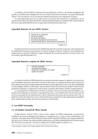 480 | HORACIO LUIS BARRAGÁN
La fortaleza de las OOSS es disponer de una población cautiva y de fondos emergentes de
aportes y contribuciones obligatorias. En la concepción gremial esos fondos son parte diferida del
salario2
. Por el contrario, en la concepción empresaria patronal, son impuestos al salario.
La capacidad financiera de una obra social es función del tamaño de su población, de su
estructura por edad, del salario promedio, del porcentaje de aportes y contribuciones y de la relación
de activos aportantes/beneficiarios no aportantes (familiares) [Cuadro 4.b].
Capacidad financiera de una OOSS. Factores
En general el financiamiento de las OOSS depende del nivel de ocupación, de la proporción
de trabajadores/empresas que aportan al sistema (trabajo en blanco) respecto a los trabajadores/
empresa que no aportan (trabajo en negro), del grado de evasión de aportes/ contribuciones y de
los niveles salariales [Cuadro 4.c].
Capacidad financiera conjunta de OOSS. Factores
La financiación de las OOSS presenta una disociación entre ingresos y egresos: los recursos de
estas entidades están de la mano de la evolución del salario y los gastos devienen de la utilización
de la oferta prestacional, fundamentalmente del alto costo de algunos de servicios de alta complejidad
y/o tecnologías médicas sofisticadas. Esta asimetría financiera necesita de aportes externos para
posibilitar equilibrio y supervivencia del sistema (subsidios del Estado y fondos compensadores).
La capacidad de las OOSS para retribuir en tiempo y forma las prestaciones brindadas a sus
beneficiarios depende no sólo de su capacidad financiera, sino también del nivel de utilización de
servicios por parte de sus beneficiarios y de la valoración pecuniaria de las prestaciones. Por su
parte los niveles de utilización no son sólo función de las características de la demanda sino también
de la amplitud de la oferta, que de suyo promueve la demanda.
5.- Las OOSS Nacionales
5.1- El Instituto Nacional de Obras Sociales
El Decreto-Ley 18.610 (1970), como se dijo, ordenó las OOSS respetando su autonomía,
estableció un mínimo obligatorio de aportes y contribuciones, y creó un ente coordinador y de
contralor: el Instituto Nacional de Obras Sociales (INOS, después ANSSAL y hoy Superintendencia
de Servicios de Salud), que además debía administrar un Fondo de Redistribución (FR) del orden
del 10% de la recaudación. Asimismo categorizó las OOSS según el cuadro 5.1.a.
- tamaño de su población
- estructura etárea
- promedio del salario
- porcentaje de aportes-contribuciones
- relación beneficiarios: aportantes/no aportantes
Cuadro 4.b
- nivel de ocupación
- promedio de salarios
- proporción de trabajo "en negro"
- grado de evasión
Cuadro 4.c
2 Este concepto se opone al del carácter público de los recursos de las OOSS.
 