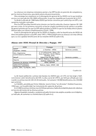 514 | HORACIO LUIS BARRAGÁN
Las alianzas con empresas extranjeras ponían a las EPP locales en posición de competencia,
por las reservas financieras, para darles plazos de posicionamiento.
Otra estrategia fue empeñarse en la desregulación general de las OOSS con lo que tendrían
acceso a un mercado de U$A 4000 millones/año, lo que fue impedido por la presión de la CGT.
Ya desde la década de 1980 había OOSS que tenían convenios por cartera fija con EPP y con
sanatorios mutuales o privados.
Pero las EPP buscaban beneficiarios jóvenes con familia reducida y buenos ingresos ($1.500
por mes o más). En los primeros convenios se hacían simples transferencias de valores o acuerdos
de gerenciamiento por los que las EPP administraban la OOSS lo que les facilitaba ofrecer planes
diferenciados con valores complementarios (Clarín, 1998).
Como la desregulación general de las OOSS no llegaba y sólo los beneficiarios de OOSS de
dirección podían pasarse a una EPP, entre 1997 y 1999 multiplicaron sus alianzas con estas últimas
que a su vez captaban beneficiarios de las restantes OOSS [Cuadro 6.b].
Alianzas entre OOSS (Personal de Dirección) y Prepagas. 1997
La de mayor población y primas más baratas era AMSSA que, en UTE con San Jorge y Staff,
convinieron cubrir beneficiarios del IOS, la obra social de UPCN, por $20 por afiliado por mes
cuando sus primas eran de U$A 45-50 mensuales. Así sumaron 130.000 beneficiarios a los 250.000
que ya tenían.
La CIMARA, presidida por Víctor Alderete, lanzó el lema “ser eficientes” (Ámbito Financiero,
1994) que, con la publicidad, fue instrumento de captación de primas.
En el 2000 las primas mínimas eran de $50 por persona y había diversidad de planes de cobertura
en función del monto de las diversas primas.
Algunos hospitales mutuales y sanatorios privados hicieron más amplios acuerdos con el objetivo,
ya indicado, de aumentar su clientela básica [Cuadro 6.c].
OOSS Prepagas Funciones
OSDO*
(Duperial – Orbea)
c/ Docthos – AMSA Gerencia y prestac.
Pers. Organismos
Control Externo (OSPOCE)
c/ 14 instituciones: Salud, Clin.
Suizo Argentina, Acción Médica,
Qualitas, otras.
Witcef* Galeno-Life-TIM (gr. Exxel) Gerencia y prestac.
Seguros
Omint, Medicus, OSDE (OOSS),
Docthos, Galeno-Life, TIM
Capitanes de ultramar (CAOMAR) AMSA, CEFRAM
Supervisores Industria
Metalúrgica (OSSIMRA)
Medicus, Optar, OMINT, ASE
(Clarín, 1997; *La Nación, 1997)
Cuadro 6.b
 