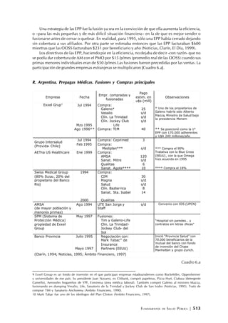 FUNDAMENTOS DE SALUD PÚBLICA | 513
Una estrategia de las EPP fue la fusión ya sea en la convicción de que ella aumenta la eficiencia,
o –para las más pequeñas y de más difícil situación financiera– en la de que es mejor vender o
fusionarse antes de cerrar o quebrar. En realidad, para 1995, sólo una EPP había cerrado dejando
sin cobertura a sus afiliados. Por otra parte se estimaba entonces que las EPP facturaban $600
mientras que las OOSS facturaban $231 por beneficiario y año (Noticias, Clarín, El Día, 1999).
Los directivos de las EPP, haciendo pie en la eficiencia, no dejaba de decir -con razón- que no
se podía dar cobertura de AM con el PMO por $15 /p/mes (promedio real de las OOSS) cuando sus
primas menores individuales eran de $50 /p/mes.Las fusiones fueron precedidas por las ventas. La
participación de grandes empresas extranjeras se multiplicaron [Cuadro 6.a].
R. Argentina. Prepagas Médicas. Fusiones y Compras principales
Cuadro 6.a
9 Exxel Group es un fondo de inversión en el que participan empresas estadounidenses como Rockefeller, Oppenheimer
y universidades de ese país. Su presidente Juan Navarro, ex Citibank, compró papeleras, Pizza Hurt, Ciabasa (detergente
Camello), Aerosoles hogareños de YPF, Esminesa (área médica laboral). También compró Galeno al ministro Mazza,
fusionando en dumping Vesalio, Life, Sanatorio de la Trinidad y Jockey Club de San Isidro (Noticias, 1995). Trató de
comprar TIM y Sanatorio Anchorena (Ambito Financiero, 1990).
10 Mark Tabac fue uno de los ideólogos del Plan Clinton (Ámbito Financiero, 1997).
Empresa Fecha
Empr. compradas y
fusionadas
Pago
estim. en
u$s (mill)
Observaciones
Exxel Grup9
Jul 1994 Compra:
Galeno*
Vesalio
Clín. La Trinidad
Clín. Jockey Club
25
s/d
s/d
s/d
* Uno de los propietarios de
Galeno habría sido Alberto
Mazza, Ministro de Salud bajo
la presidencia Menem
Mzo 1995 Life
Ago 1996** Compra: TIM 40 ** Se posicionó como la 1°
EPP con 170.000 adherentes
y U$A 240 millones/año
Jul 1994 Compra: Ceprimed 3
Grupo Intersalud
(Provida- Chile)
Feb 1995 Compra:
Mediplan*** s/d *** Compra el 90%
AETna US Healthcare Ene 1999 Compra:
AMSA
Sanat. Mitre
Qualitas
Sanat. Agote****
120
s/d
6
10
Tratativa con la Blue Cross
(EEUU), con la que Omega
hizo acuerdo en 1995
**** Compra el 18%
Swiss Medical Group
(80% Suizo, 20% del
propietario del Banco
Rio)
1994
2000
Compra:
CIM
Magna
Salud
Clín. Bazterrica
Sanat. Sta. Isabel
Qualitas
30
s/d
s/d
8
14
AMSA
(de mayor población y
menores primas)
Ago 1994 UTE San Jorge y
Staff
s/d Convenio con IOS (UPCN)
SPM (Sistema de
Protección Médica)
propiedad de Exxel
Group
May 1997 Fusiones:
Tim y Galeno-Life
Clin. La Trinidad-
Jockey Club- del
Sol
“Hospital sin paredes… y
contratos sin letras chicas”
Banco Provincia Julio 1995
Mayo 1997
Negociación con:
Mark Tabac10
de
Insurance
Partners (EEUU)
Inició “Provincia Salud” con
70.000 beneficiarios de la
mutual del banco con fondo
de inversión del Chase
Manhattan y grupo Zurich.
(Clarín, 1994; Noticias, 1995; Ámbito Financiero, 1997)
 