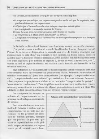5 8 DIRECCIÓN ESTRATÉGICA DE RECURSOS HUMANOS 
Y la tercera, reemplazar la jerarquía por equipos autodirigidos: 
a) Los equipos que trabajan con empowerment pueden rendir más que los empleados trabajando aisladamente con empowerment. 
b) Al principio el personal no sabe cómo trabajar en equipos autodirigidos. 
c) La insatisfacción es una etapa natural del proceso. 
d) Cada persona tiene que recibir formación sobre trabajo en equipos. 
e) El compromiso y el apoyo tienen que proceder “de arriba”. 
f) Los equipos que dispongan de información y de técnica pueden reemplazar a la jerarquía antes existente. 
En la visión de Blanchard, las tres claves funcionan en una interacción dinámica. 
¿Por qué detenerse a analizar el texto de Ken Blanchard sobre el empowerment? Porque de su texto se desprenden en cascada una serie de temas y conceptos que abordaremos en esta obra y en especial en este capítulo. De todos modos, como en nuestra materia todos los temas se relacionan, estos párrafos son también pertinentes con otros capítulos, por ejemplo el capítulo 5, donde se verá la formación, y el 7, donde se verá el capital intelectual en relación con la función de desarrollo de los recursos humanos. 
Bajo el término de “competencias” se suelen englobar varios conceptos, desde los conocimientos hasta las competencias propiamente dichas. Asimismo, se menciona el término “competencias” junto con otras palabras (por ejemplo, “competencias técnicas” o “competencias de conocimiento”) para referirse a los conocimientos. En cuanto a las competencias propiamente dichas, se las denomina “competencias de gestión” o “competencias conductuales”. Para simplificar, nosotros usaremos los términos conocimientos y competencias sin aditamento alguno para referirnos a unos y a otras. Más adelante se dará una definición precisa del término “competencias”. 
Las competencias siempre se refieren al comportamiento de las personas en el trabajo o en situación de trabajo. 
Los conocimientos son más fáciles de detectar o evaluar que las competencias, y es por esto que, por ejemplo, en los procesos de selección se evalúan primero, siempre que sea posible. Es por esto que están en la parte inferior de la pirámide, no porque sean menos importantes; por el contrario, son la base.  
