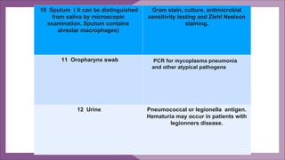 10 Sputum ( it can be distinguished
from saliva by microscopic
examination. Sputum contains
alveolar macrophages)
Gram stain, culture, antimicrobial
sensitivity testing and Ziehl Neelson
staining.
11 Oropharynx swab
12 Urine Pneumococcal or legionella antigen.
Hematuria may occur in patients with
legionners disease.
PCR for mycoplasma pneumonia
and other atypical pathogens
 
