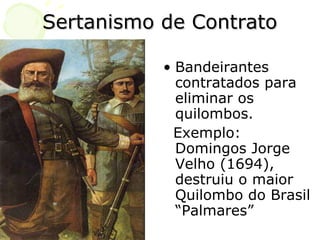 Sertanismo de Contrato Bandeirantes contratados para eliminar os quilombos. Exemplo: Domingos Jorge Velho (1694), destruiu o maior Quilombo do Brasil “Palmares” 
