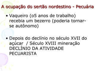 A ocupação do sertão nordestino - Pecuária Vaqueiro (o5 anos de trabalho) recebia um bezerro (poderia tornar-se autônomo)  Depois do declínio no século XVII do açúcar  / Século XVIII mineração DECLÍNIO DA ATIVIDADE PECUARISTA 