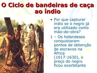 O Ciclo de bandeiras de caça ao índio Por que capturar índio se o negro já era utilizado como mão-de-obra? 1 – Os holandeses conquistaram pontos de obtenção de escravos na África (1617-1630), o preço do negro ficou exorbitante  