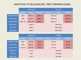 SINGULAR PLURAL
MASC. FEM. NEUTRO MASC. FEM. NEUTRO
NOMINATIVO celer celer-is celer-e celer-es celer-ia
VOCATIVO celer celer-is celer-e celer-es celer-ia
ACUSATIVO celer-em celer-em celer-e celer-es celer-ia
GENITIVO celer-is celer-ium
DATIVO celer-ī celer-ibus
ABLATIVO celer-ī celer-ibus
SINGULAR PLURAL
MASC. FEM. NEUTRO MASC. FEM. NEUTRO
NOMINATIVO acer acr-is acr-e acr-es acr-ia
VOCATIVO acer acr-is acr-e acr-es acr-ia
ACUSATIVO acr-em acr-em acr-e acr-es acr-ia
GENITIVO acr-is acr-ium
DATIVO acr-ī acr-ibus
ABLATIVO acr-ī acr-ibus
ADJETIVOS 3ª DECLINACIÓN. TRES TERMINACIONES
 