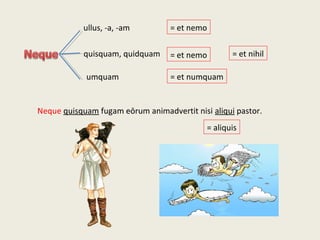 ullus, -a, -am
quisquam, quidquam
umquam
= et nemo
= et numquam
= et nihil= et nemo
Neque quisquam fugam eōrum animadvertit nisi aliqui pastor.
= aliquis
 