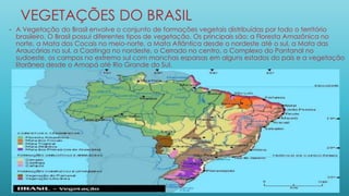 VEGETAÇÕES DO BRASIL
• A Vegetação do Brasil envolve o conjunto de formações vegetais distribuídas por todo o território
brasileiro. O Brasil possui diferentes tipos de vegetação. Os principais são: a Floresta Amazônica no
norte, a Mata dos Cocais no meio-norte, a Mata Atlântica desde o nordeste até o sul, a Mata das
Araucárias no sul, a Caatinga no nordeste, o Cerrado no centro, o Complexo do Pantanal no
sudoeste, os campos no extremo sul com manchas esparsas em alguns estados do país e a vegetação
litorânea desde o Amapá até Rio Grande do Sul.
 