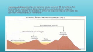 • Terrenos vulcânicos: esse tipo de estrutura ocupa somente 8% do território, Tais
terrenos foram submetidos a derrames vulcânicos, as lavas deram origem a
rochas, como o basalto e o diabásio, o primeiro é responsável pela formação dos
solos mais férteis do Brasil, a “terra roxa”.
 