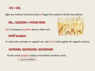 Ager qui multum frumenti aliasve fruges ferre potest, fertilis esse dicitur.
Ne in Campania quidem plures villae sunt.
In urbe Iulius semper in negotiō est, sed rurī in otiō cogitat de negotiīs urbanīs.
At hōc annō quidam colōnus mercēdem nondum solvit.
= unus ex colōnis
 